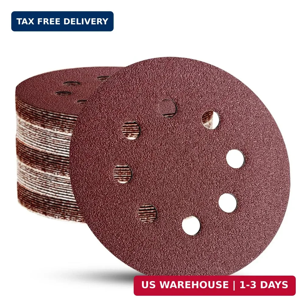 52 Pack 5 Inch 8-Hole Hook and Loop Sanding Discs Sandpaper Red Round 60 80 120