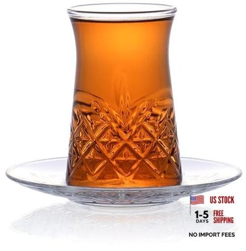 Set of 6 Clear Glass 5.5 Fl Oz Cut Glass Tea Cups with Saucers – Clear