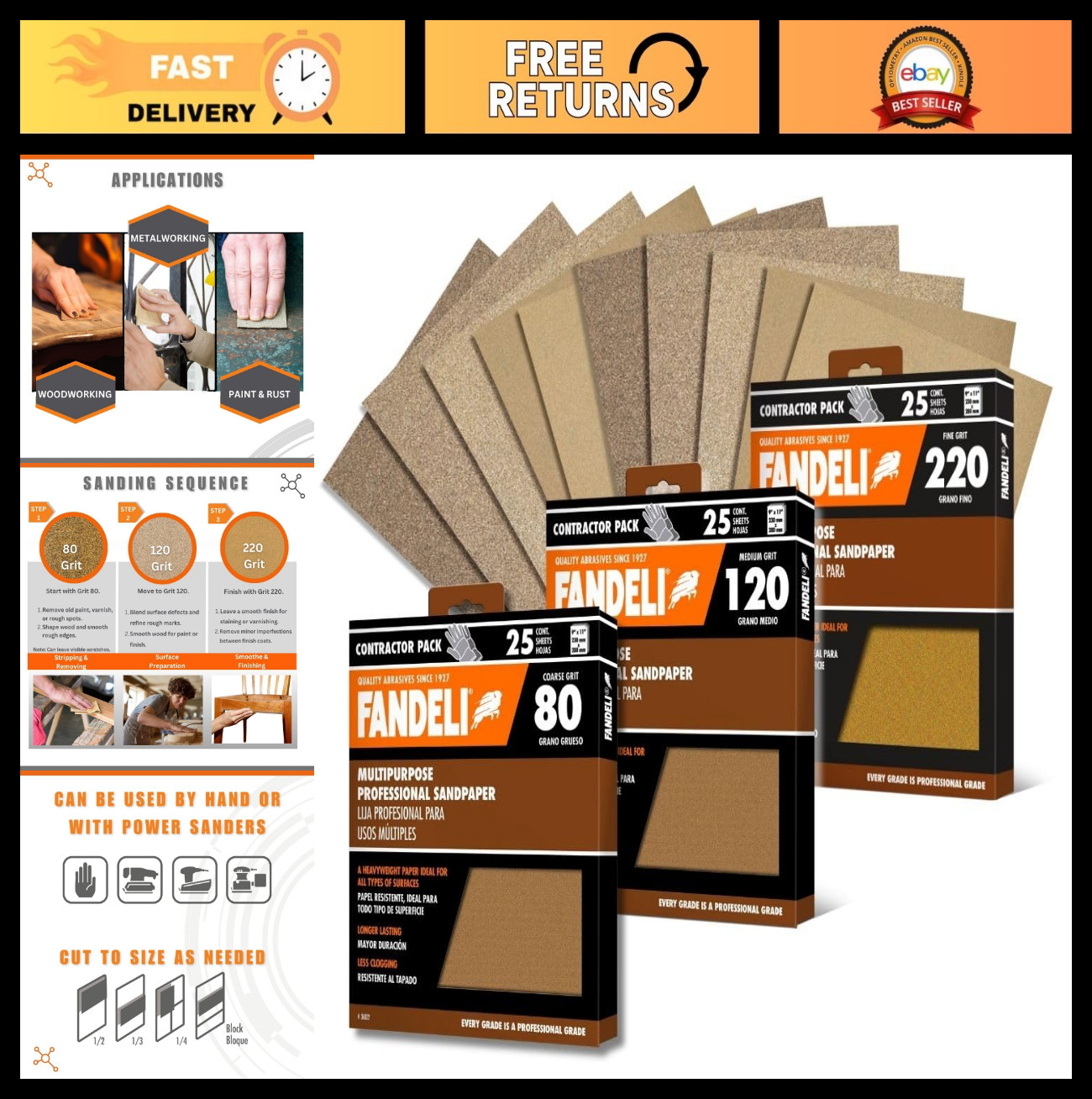Assorted Grit Sanding Sheets – 75 Pack, 80/120/220 Grits for Wood & Metal Finish