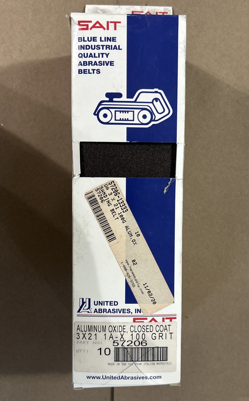 SAIT 57206 3 x 21 100 Grit Blue Line Industrial Sanding Belt – 10 Pack