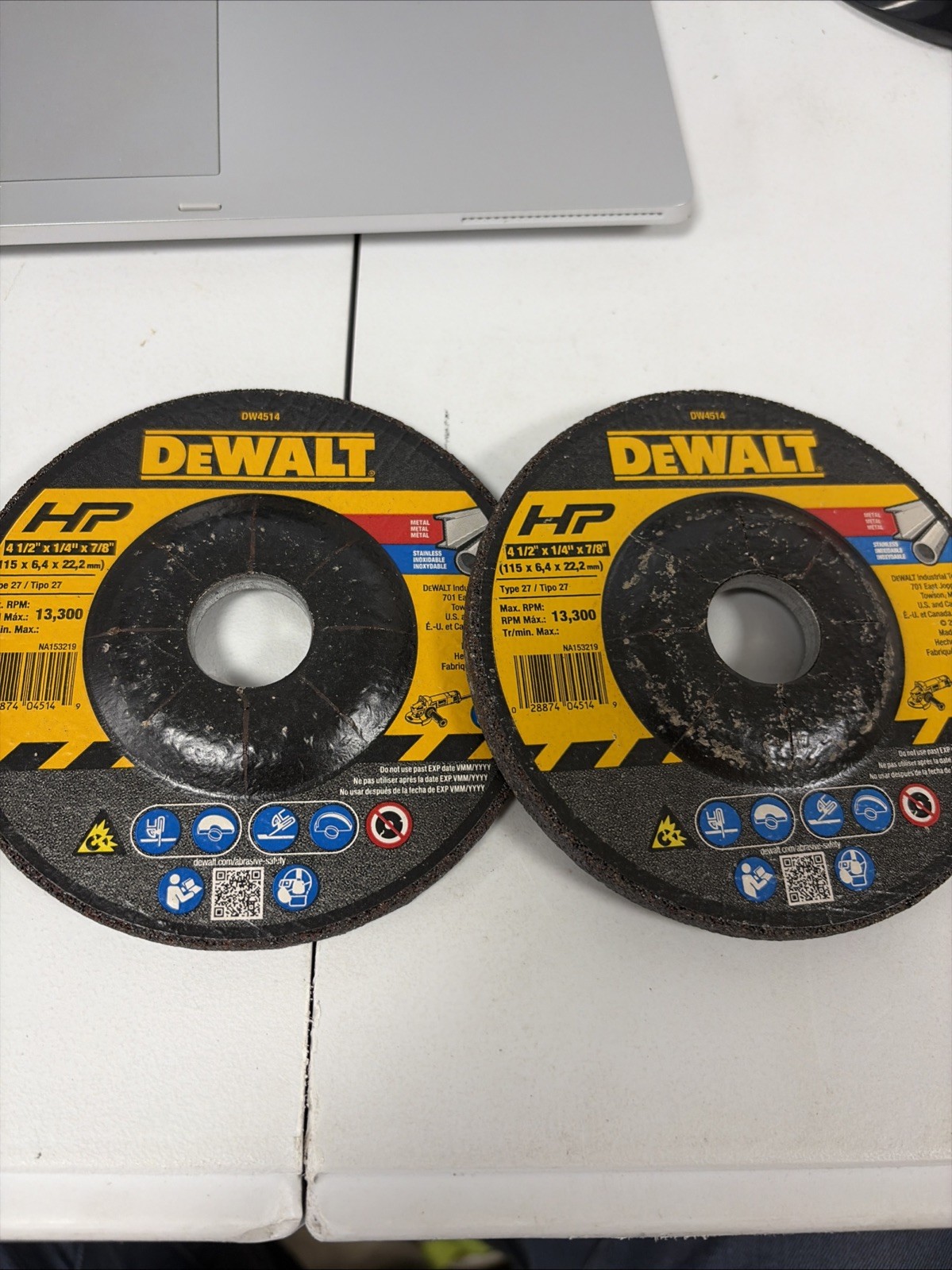 pair of 2 DeWalt DW4514 Metal Grinding Wheel Type 27 4-1/2in x 1/4in x 7/8in