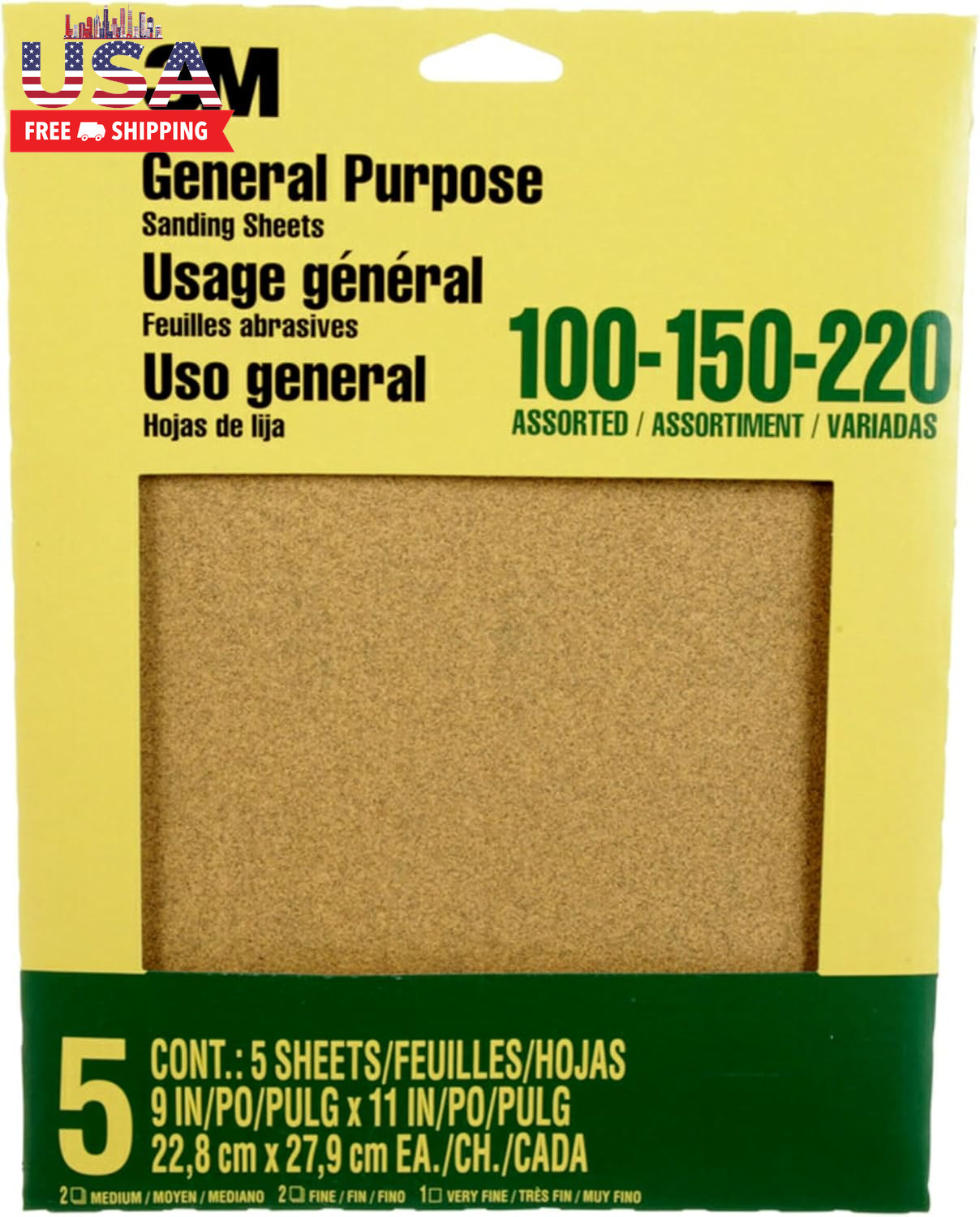 Aluminum Oxide Sandpaper, 5 Sheets, Assorted Grit 100-150-220, 9-In X 11-In, Mul