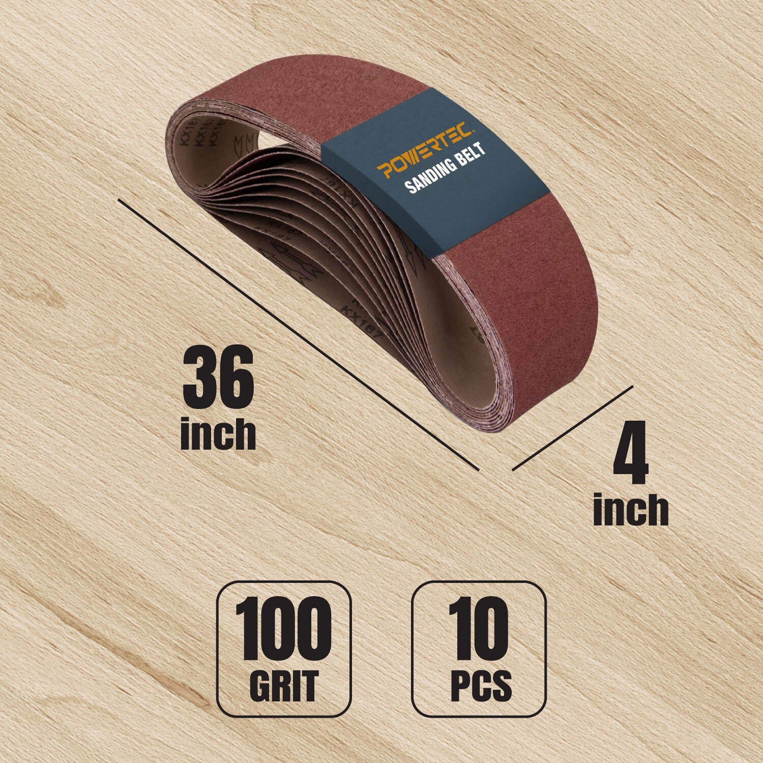 POWERTEC 4 x 36″ Sanding Belt 100 Grit 10 PK Aluminum Oxide Sandpaper Belts