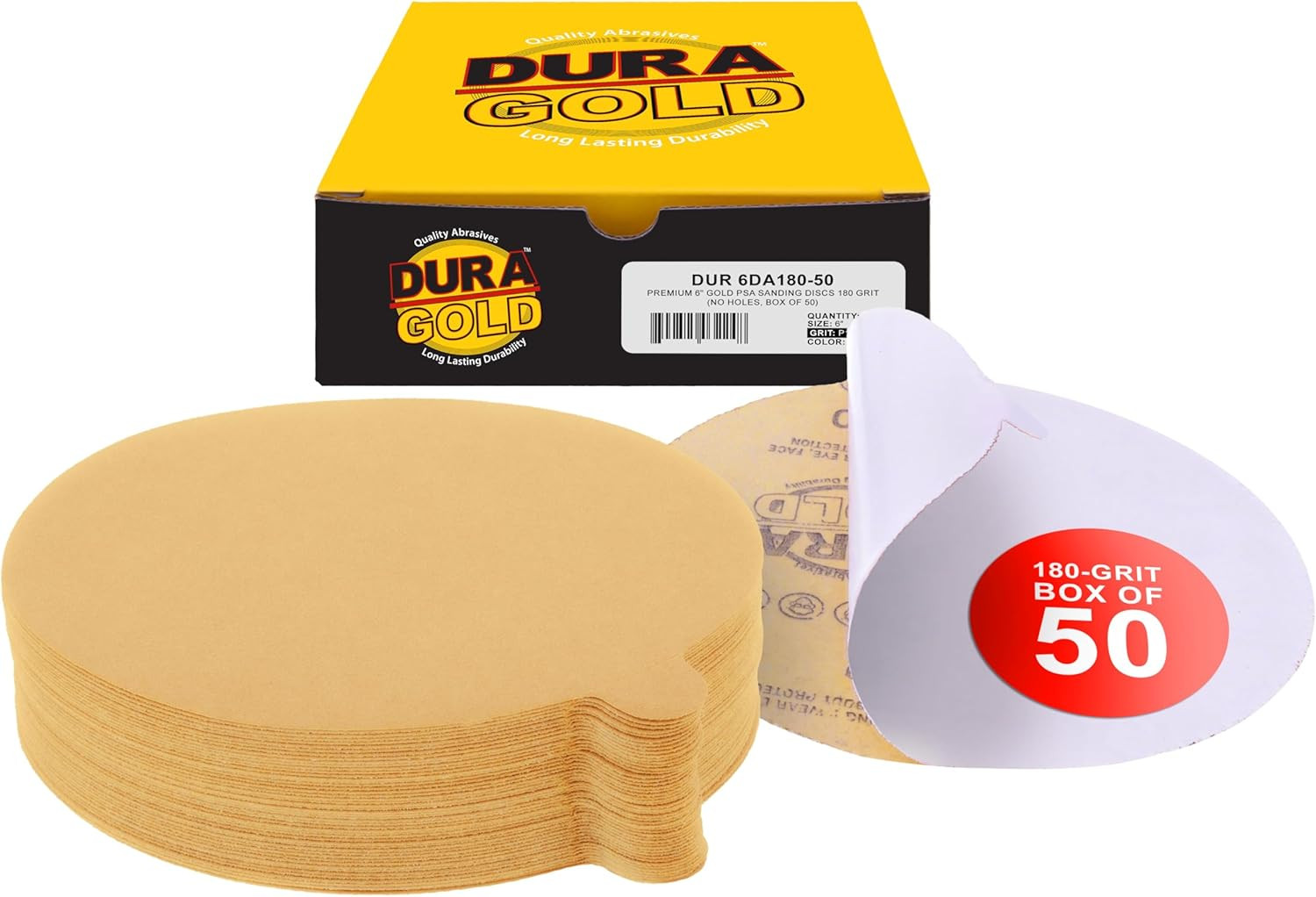 Premium 6″ Gold PSA Sanding Discs – 180 Grit, Box of 50 – Self Adhesive Stickyba