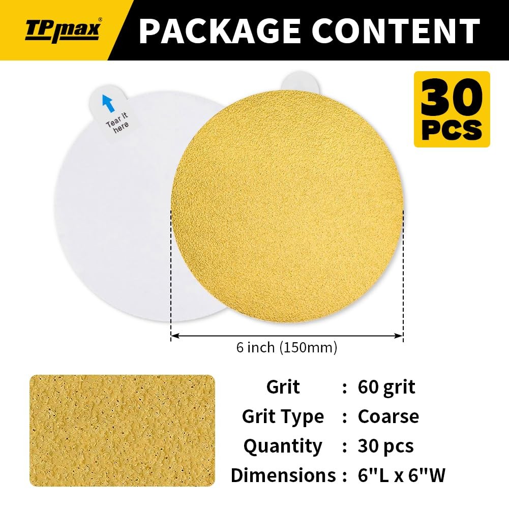 TPmax 6-Inch 60-Grit Gold PSA Sanding Discs, 30 Pack – Pro-Grade 6-Inch,