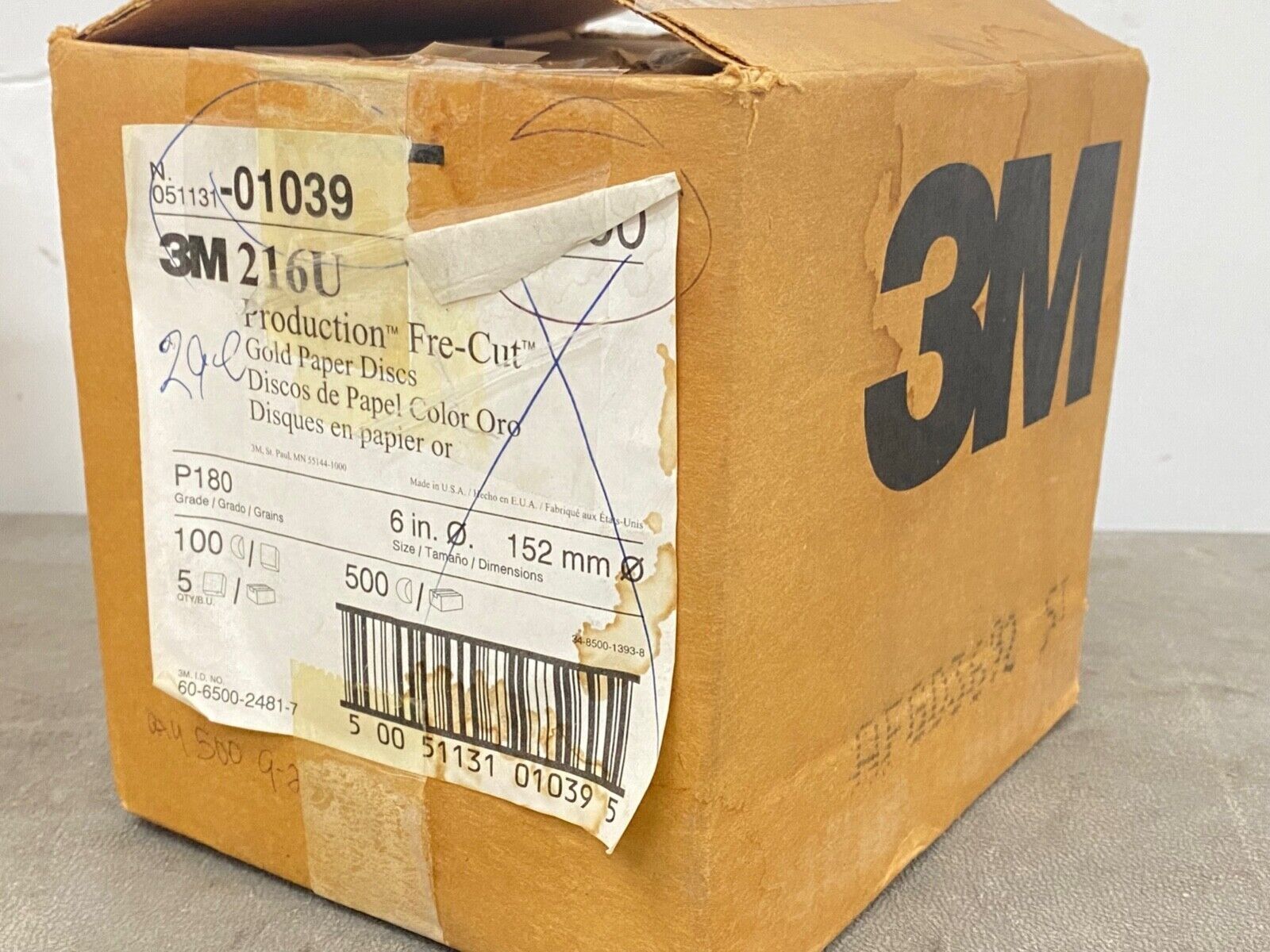 100 new 3M Production Fre-Cut 216U (6″ x NH) P180 Grit Gold Paper Sanding Discs