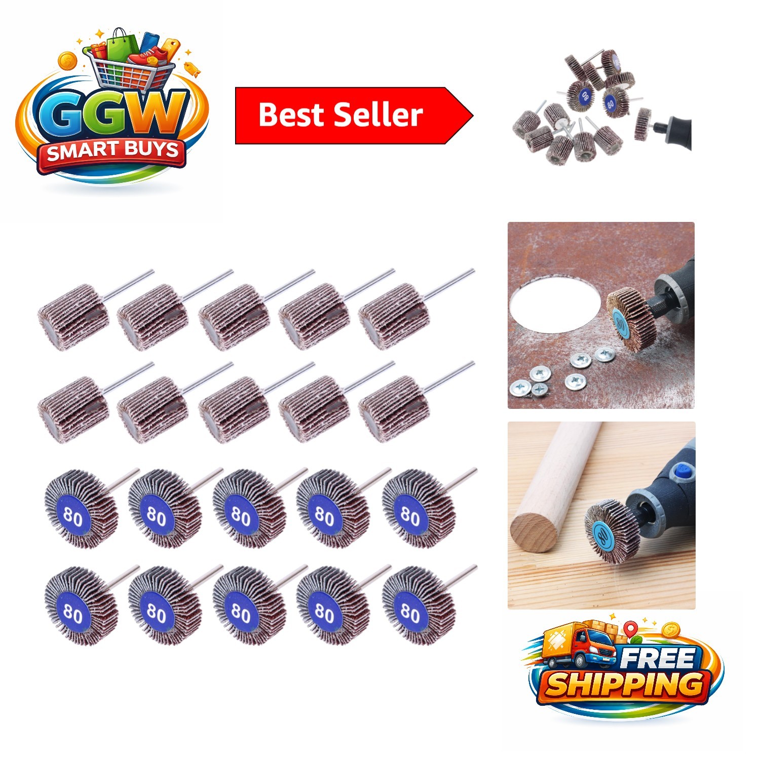 20PCS 80 Grit Flap Wheel Sander Set for Rotary Tools – Ideal for Metal & Wood