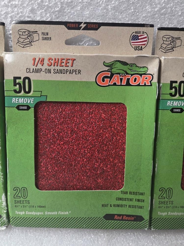 (3-PACK) GATOR 20 SHEETS 1/4 SHEET(4 1/2″ X 5 1/2″) 50-GRIT CLAMP ON SANDPAPER