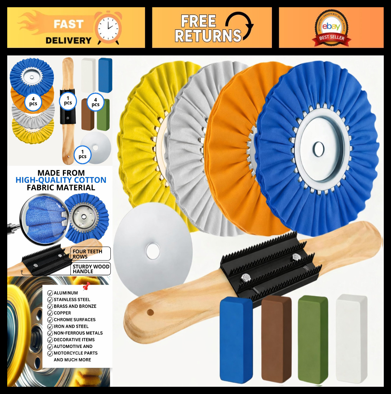 9PCS Aluminum Wheel Polishing Kit – 8″ Buffing Wheels, Rake & Compound for Angle