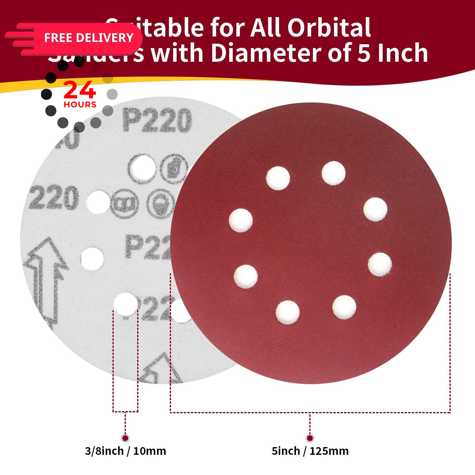 Tibaebe 50 PCS 5 Inch 8 Hole Sanding Discs, Adhesive Hook and 5 – 50 Pcs