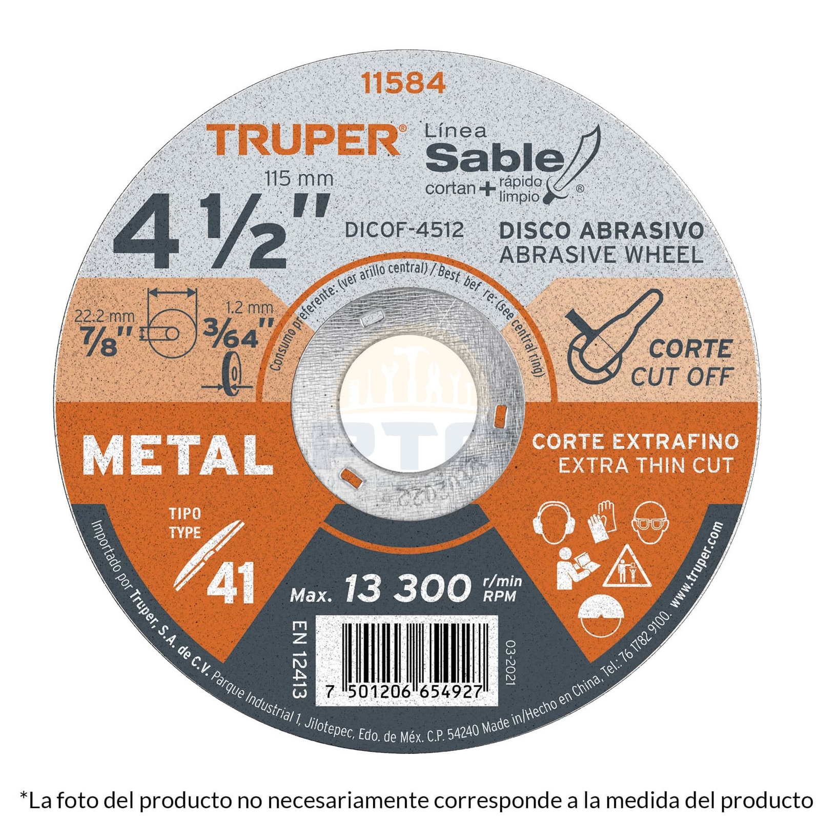 Truper DICOF-4516 4-1/2″ x 1.6mm Type 41 Disc Fine Metal Cutting, Saber