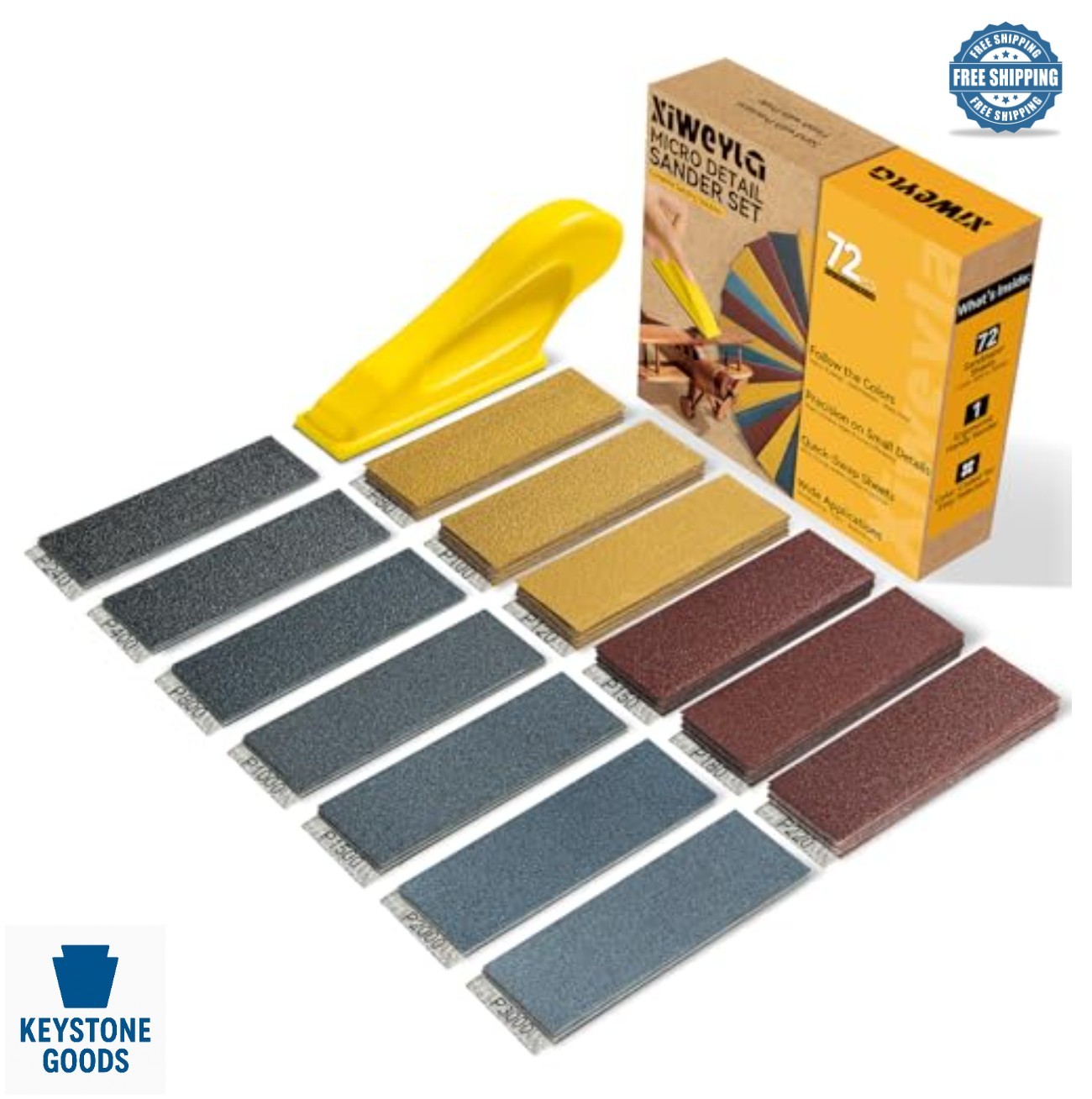 72 Piece Sandpaper Set 13 Grit Levels 80 to 3000 Color Coded with Hand Sander