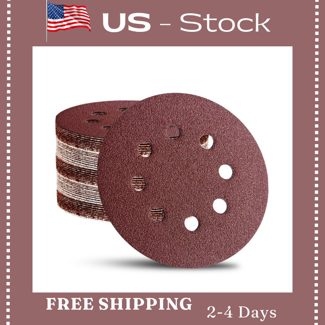 52 Pack 5 Inch 8-Hole Hook and Loop Sanding Discs Sandpaper Red Round 60 -320
