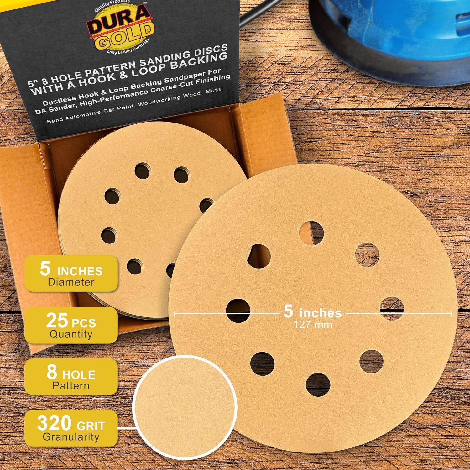 Premium 320 Grit 5″ Sandpaper Discs, 8 Hole Pattern Dustless, 50 Discs – Hook…