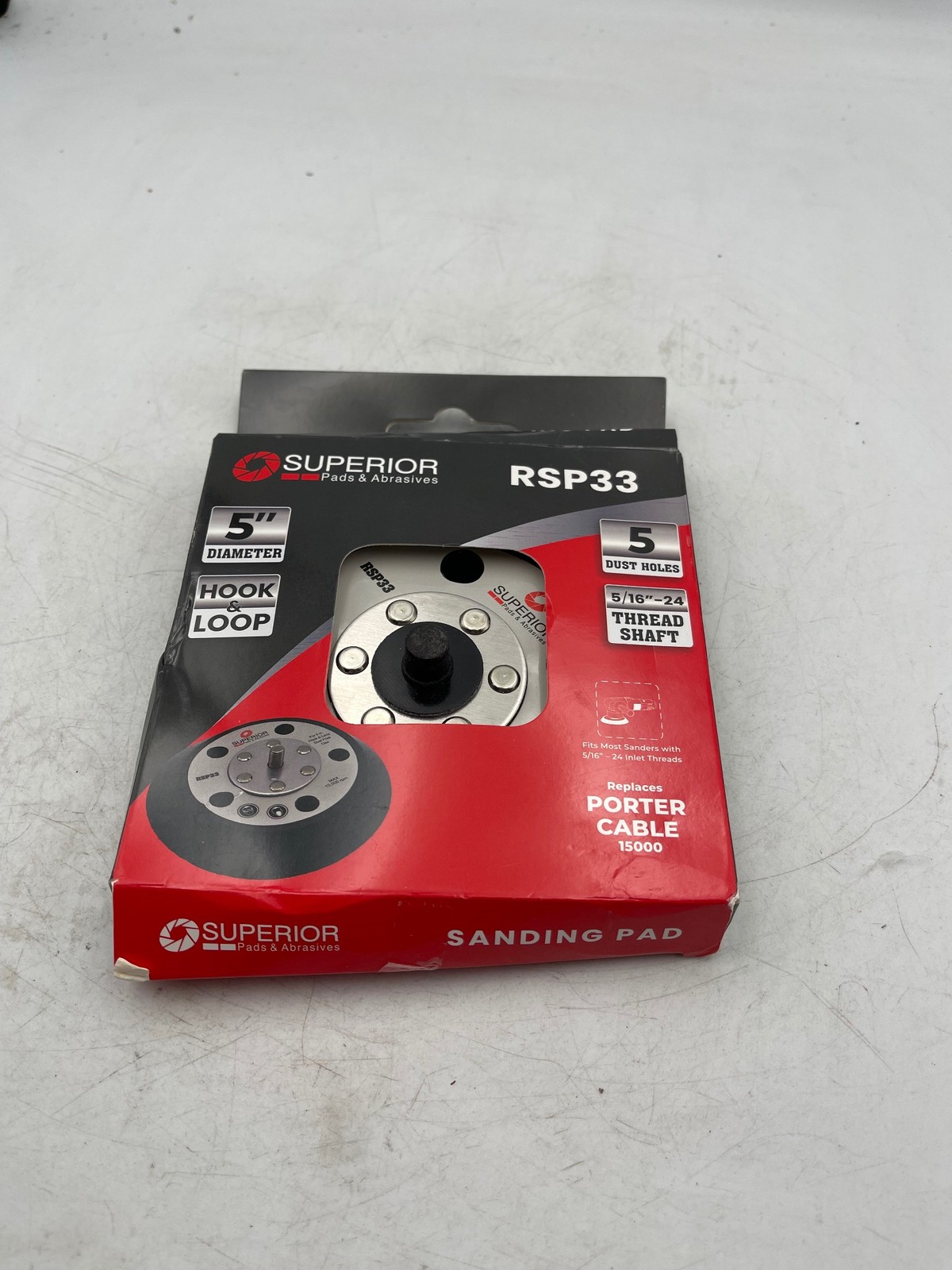 Superior RSP33 Sanding Pad 5in Diameter Hook Loop 5 Dust Holes 5/16-24 Shaft