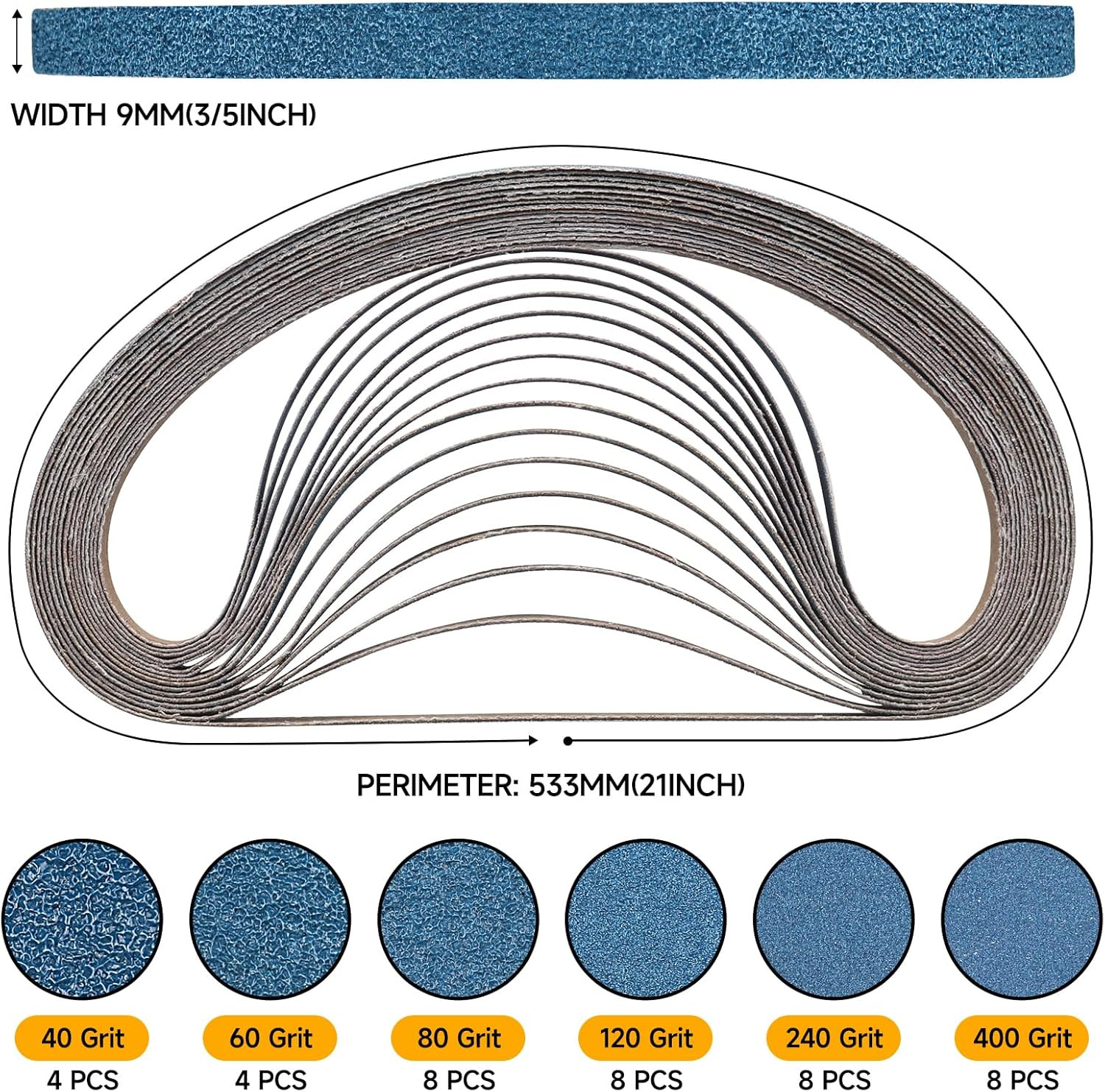 40-Piece 3/8 X 21 Inch 40-400 Grit Zirconia Sanding Belts, Heavy Duty Long-Lasti