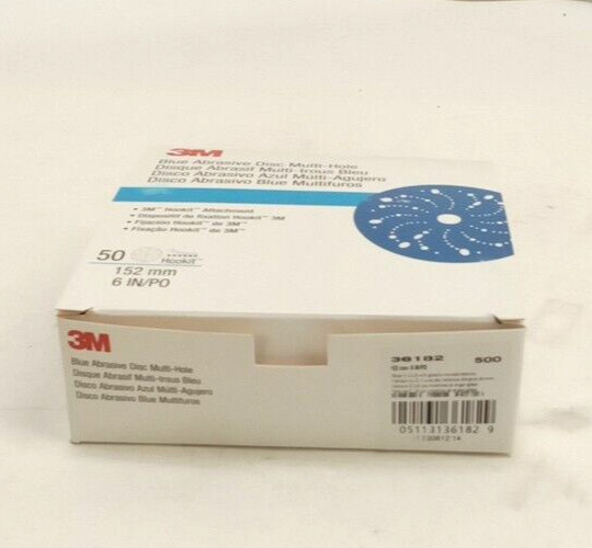 3M 36182 Blue Abrasive Disc Multi-Hole Hookit Attachment 6″ Rounds 500 Grit 50pk