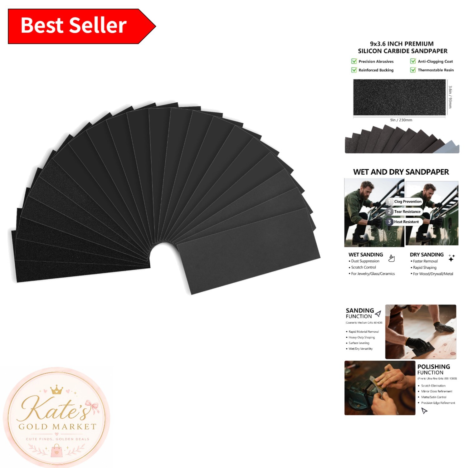 Tear-Resistant Silicon Carbide Sandpaper – 9×3.6 Inch, 21 Sheets, Anti-Clogging