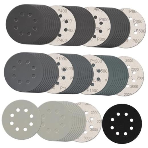 140Pcs 5 Inch Sanding Discs Hook & Loop 8-Hole Wet 140Pcs 400-3000 Grit (Mixed)