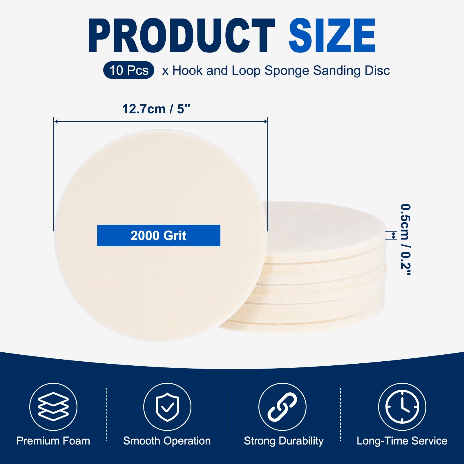 10 Pcs 2000 Grit 5 Inch Hook and Loop Sponge Sanding Disc for Sander, White