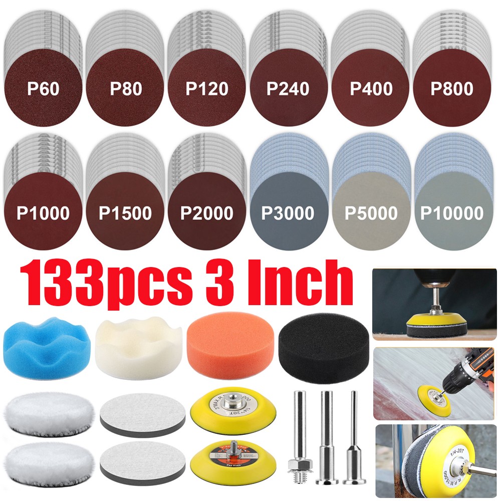 133pcs 3 Inch Sanding Disc Kit, 60-10000 Grit Wet Dry Hook & Loop Sandpaper Pads