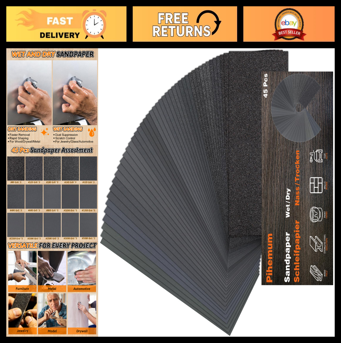 45 Pcs Wet Dry Sandpaper Sheets 80-5000 Grit for Wood, Metal, Automotive Finishi