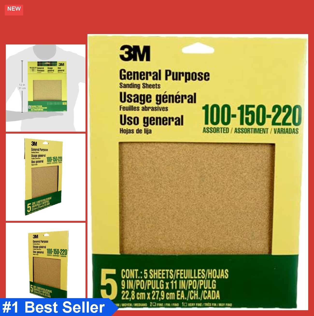 Aluminum Oxide Sandpaper 5 Sheets 9×11 Inches Assorted Grit 100 150 220 for