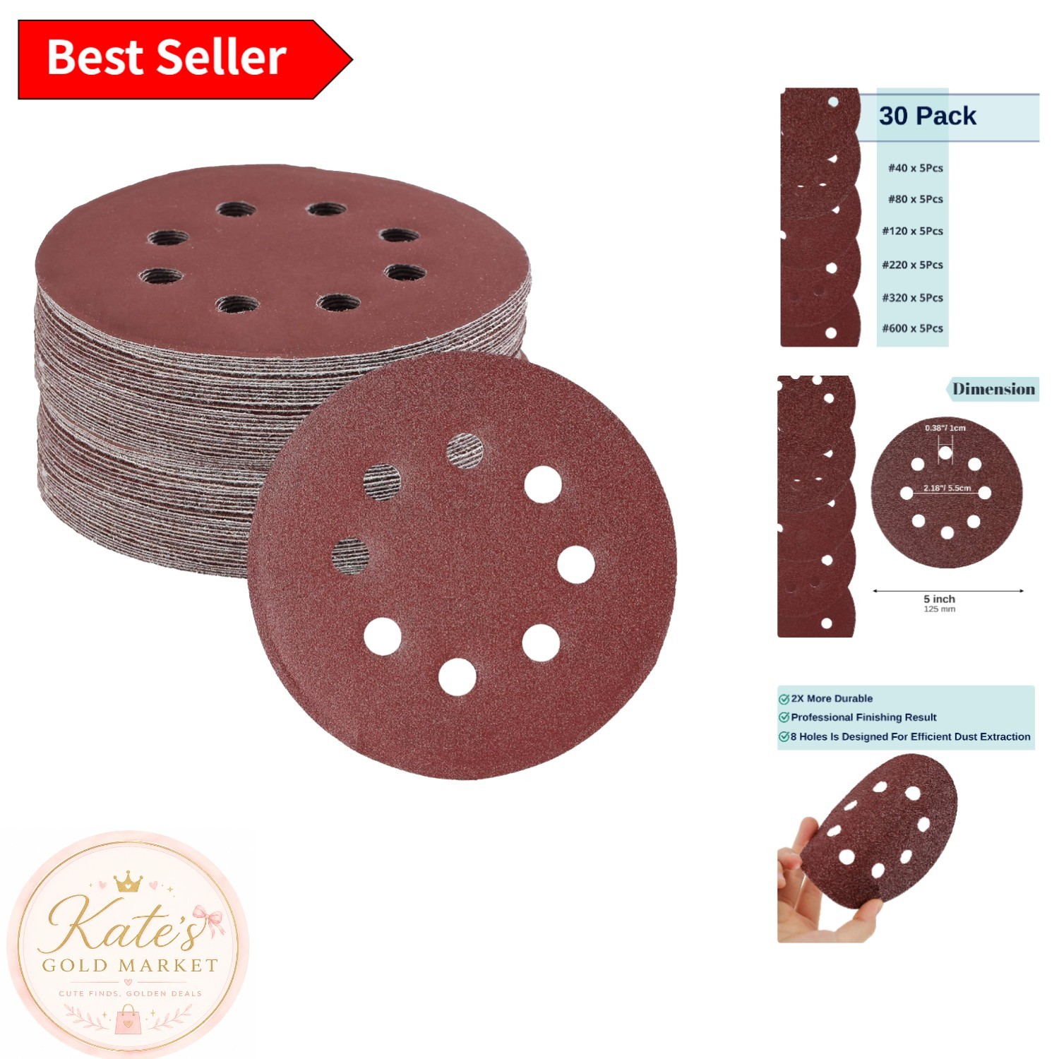 Bates 5-Inch Sanding Discs – 30 Pack, Assorted Grits 40-600 for All Materials