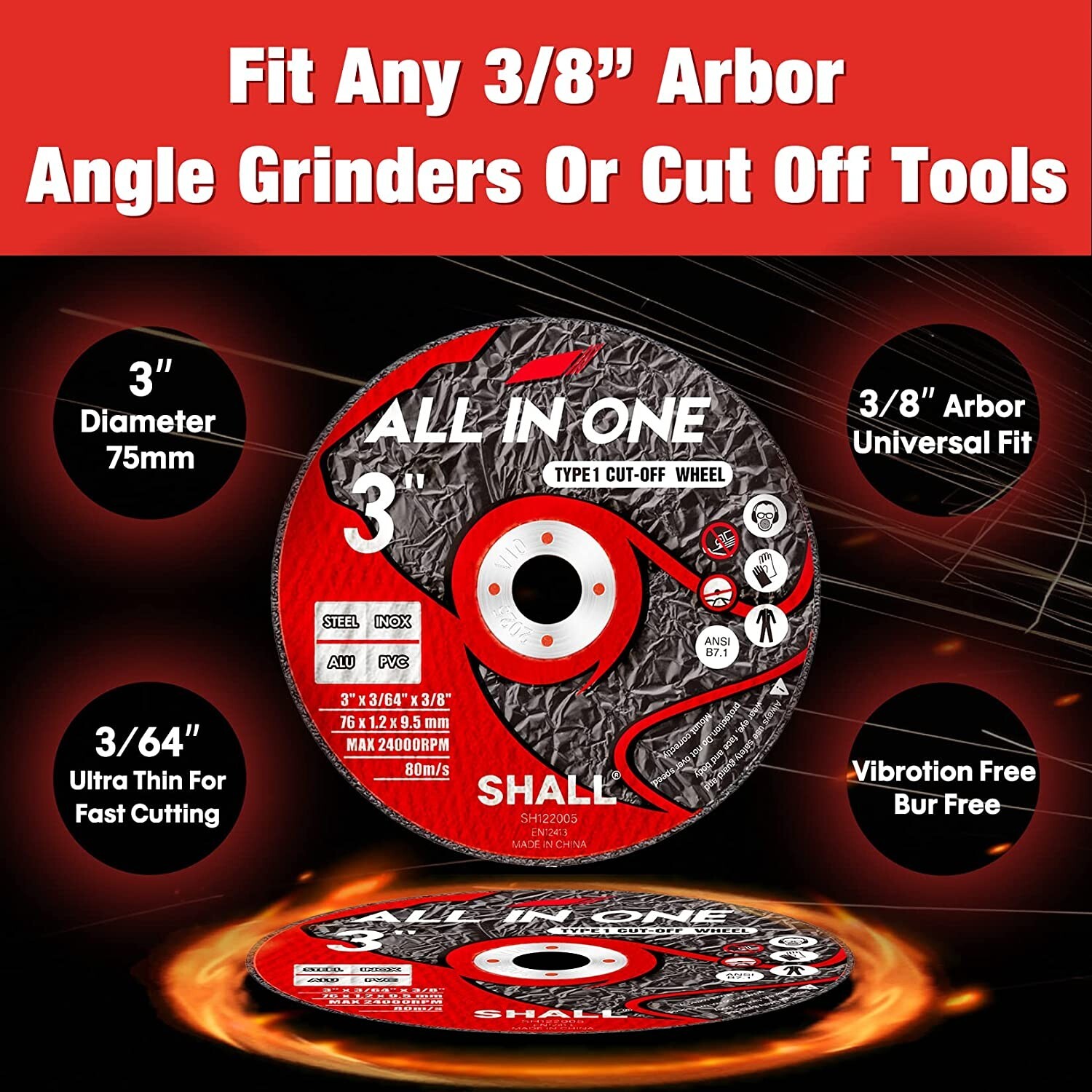SHALL 25-Pack Cut Off Wheels 3” x 3/8” x 3/64” – Fast Cutting Disc