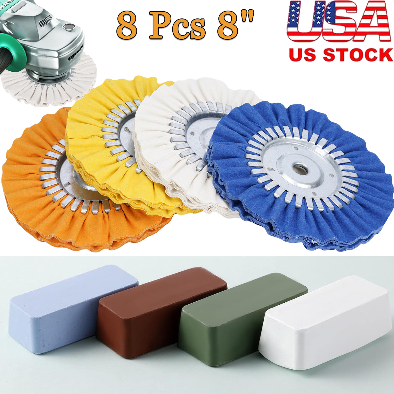 8in Airway Buffing Wheels 8PCS 5/8 Arbor Aluminum Metal Polish Grinder Kit