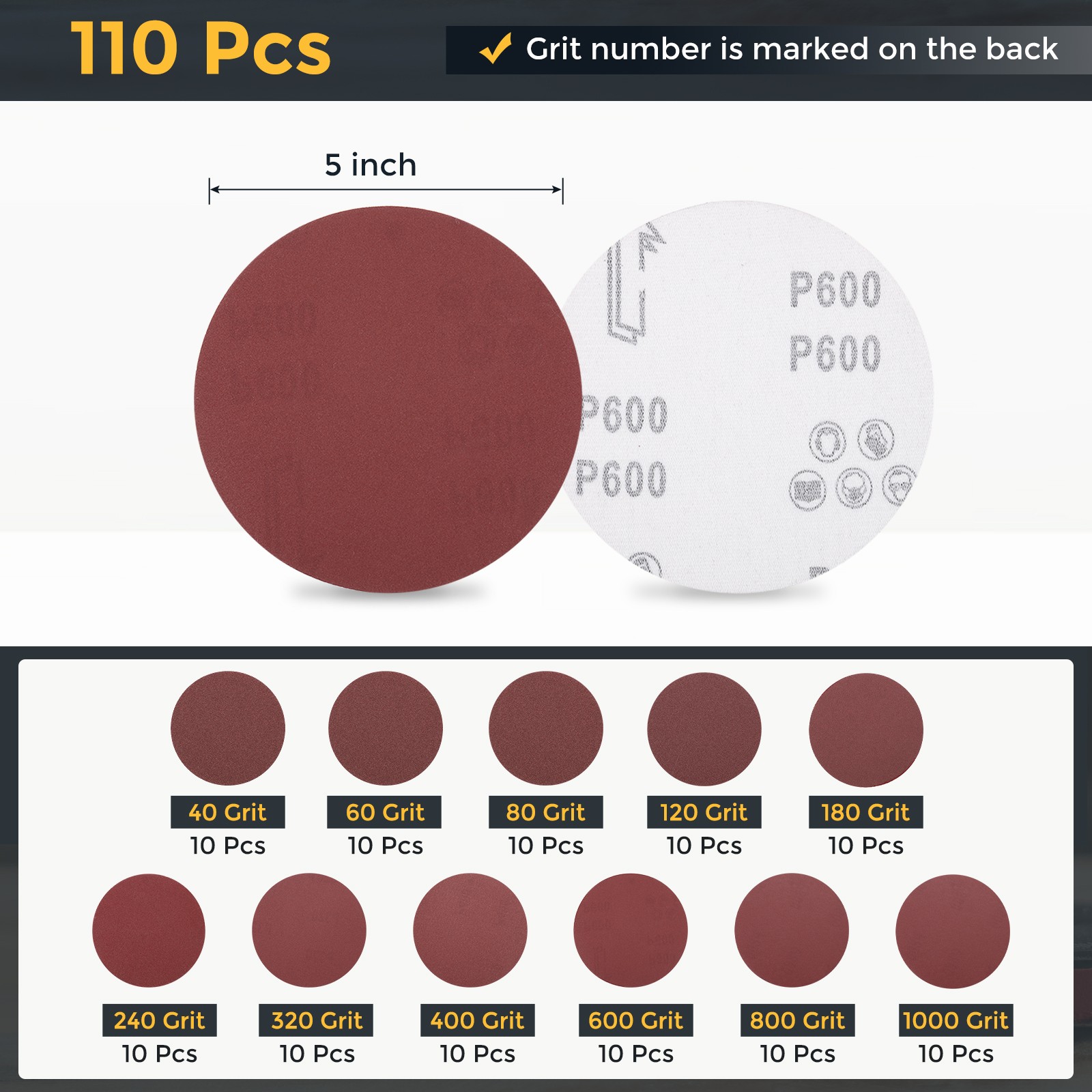 110 Pcs 5 Inch Sanding Disc 40/60/80/120/180/240/320/400/600/800/1000 Grit
