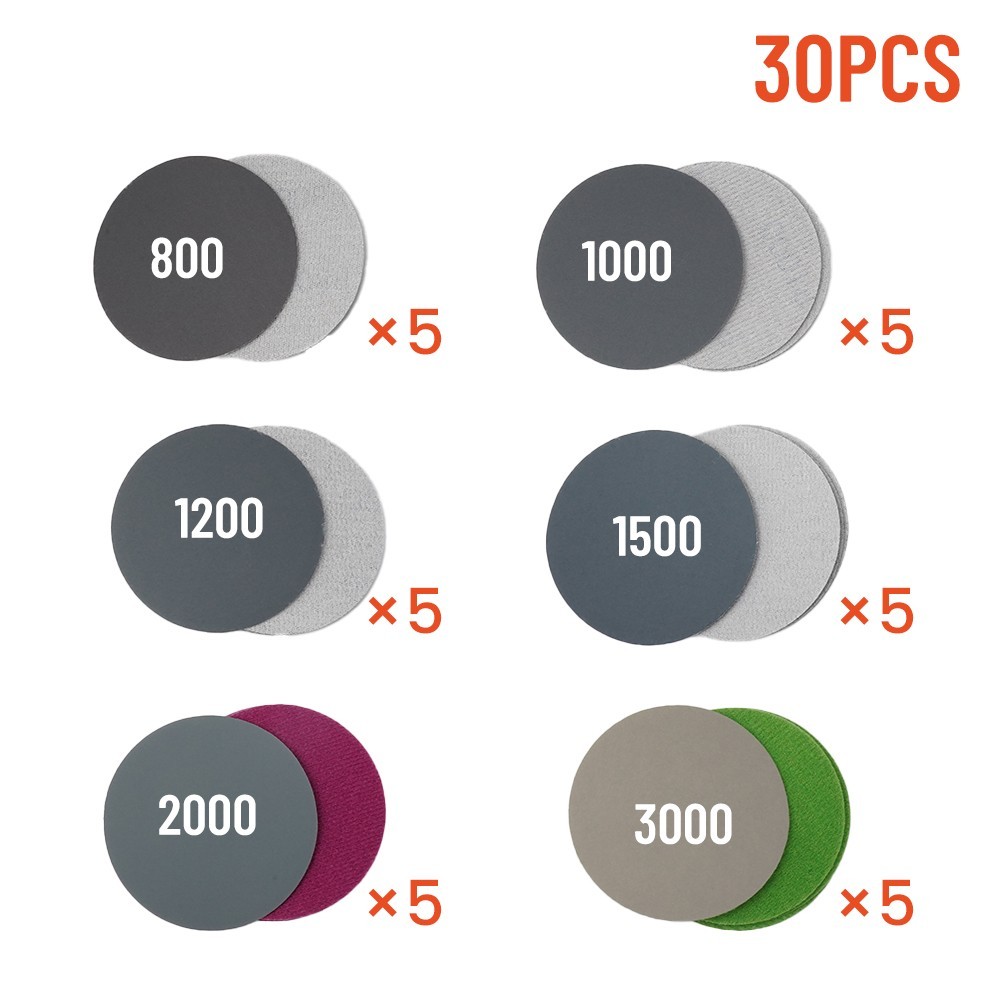 30pcs 3in/75mm Hook&Loop Wet/Dry 800 1000 1200 1500 3000Grit Sanding Discs