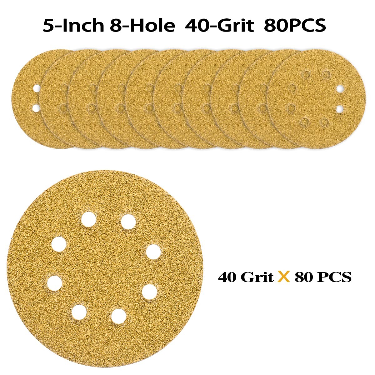 40 Grit 5 Inch Sanding Discs 8 Hole Hook Loop Gold Sandpaper for Orbital Sander