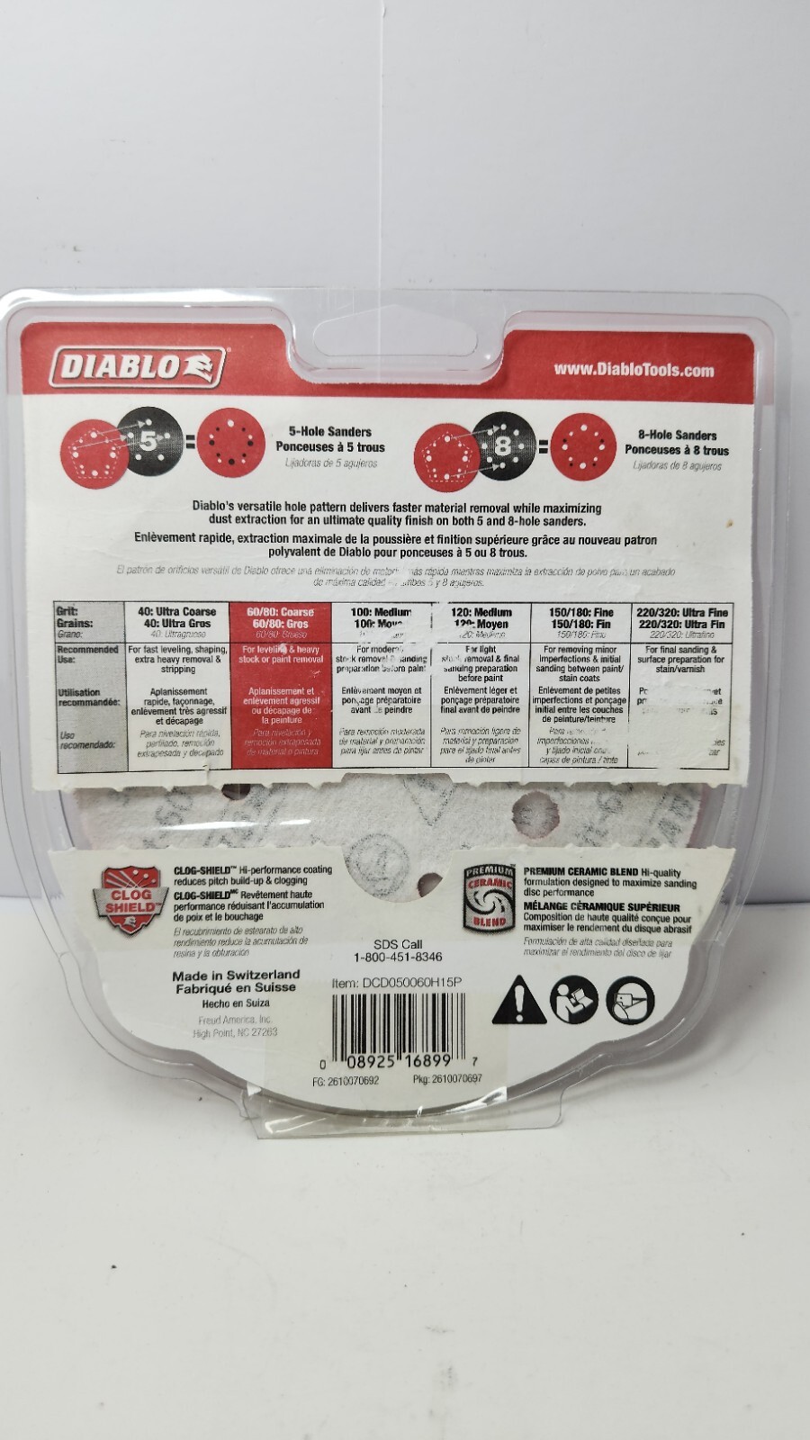DIABLO 5″ 60 GRIT SANDING DISCS UNIVERSAL HOLE PATTERN 15 PACK DCD050060H15P