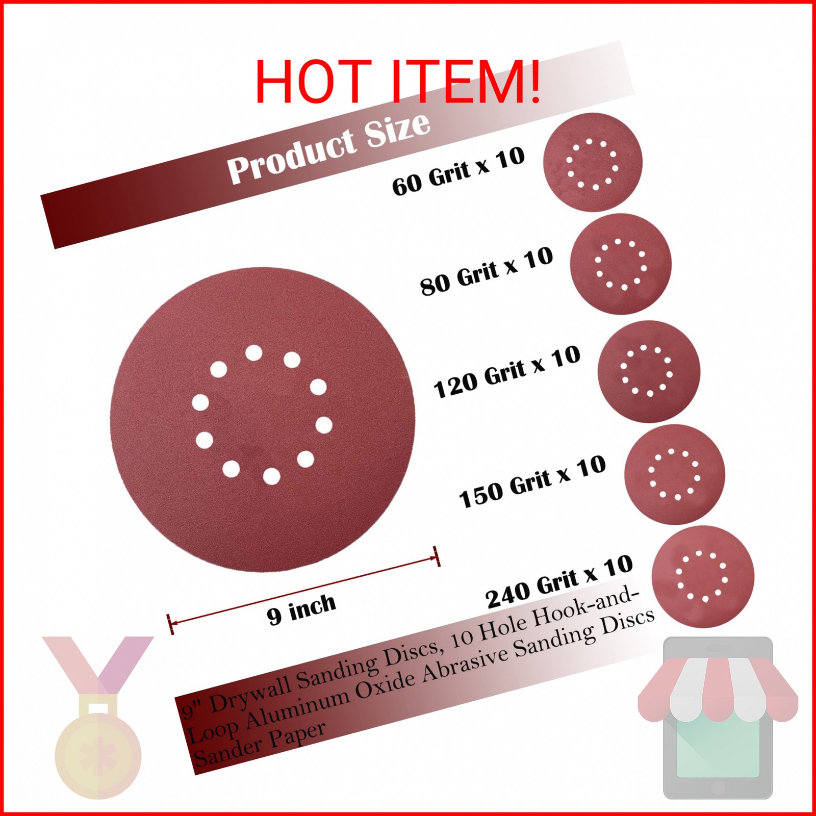 Tonmp 50 PCS 9-Inch 10-Hole Hook-and-Loop Sanding Discs for Drywall Sander -10 P