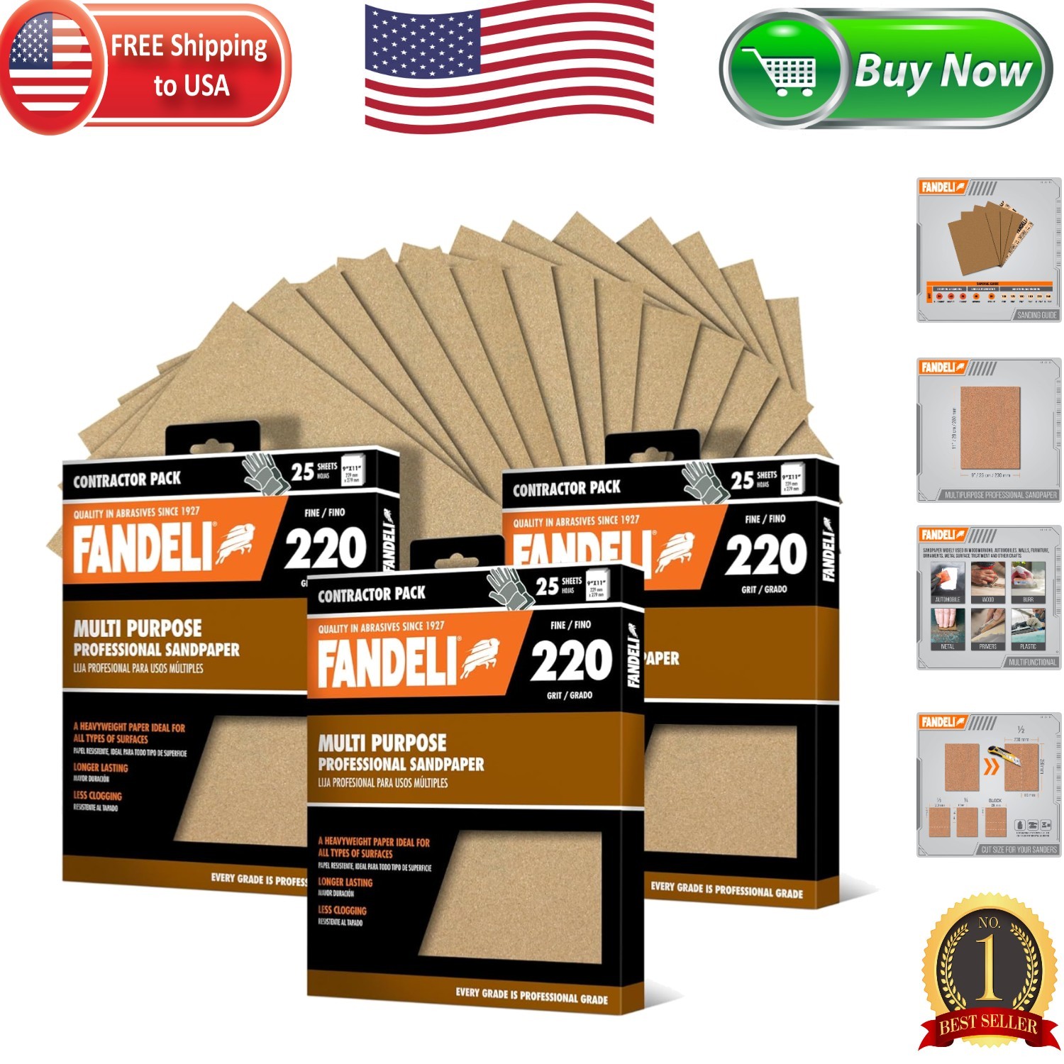 Multi-Purpose 220 Grit Sandpaper – 75 Sheets for Wood & Metal | Made in Mexico
