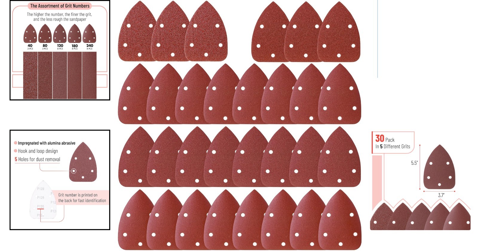 Bates 30-Piece Sandpaper Set for Palm Sanders – Smooth Finishing Grits