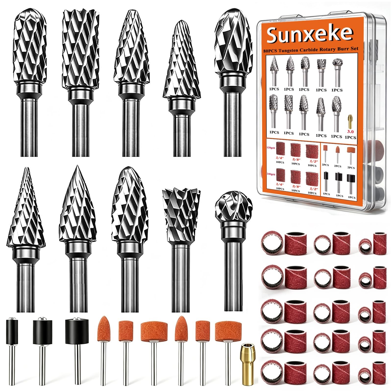 Sunxeke 80PCS Tungsten Carbide Rotary Burr Set with Sanding 3 millimeters