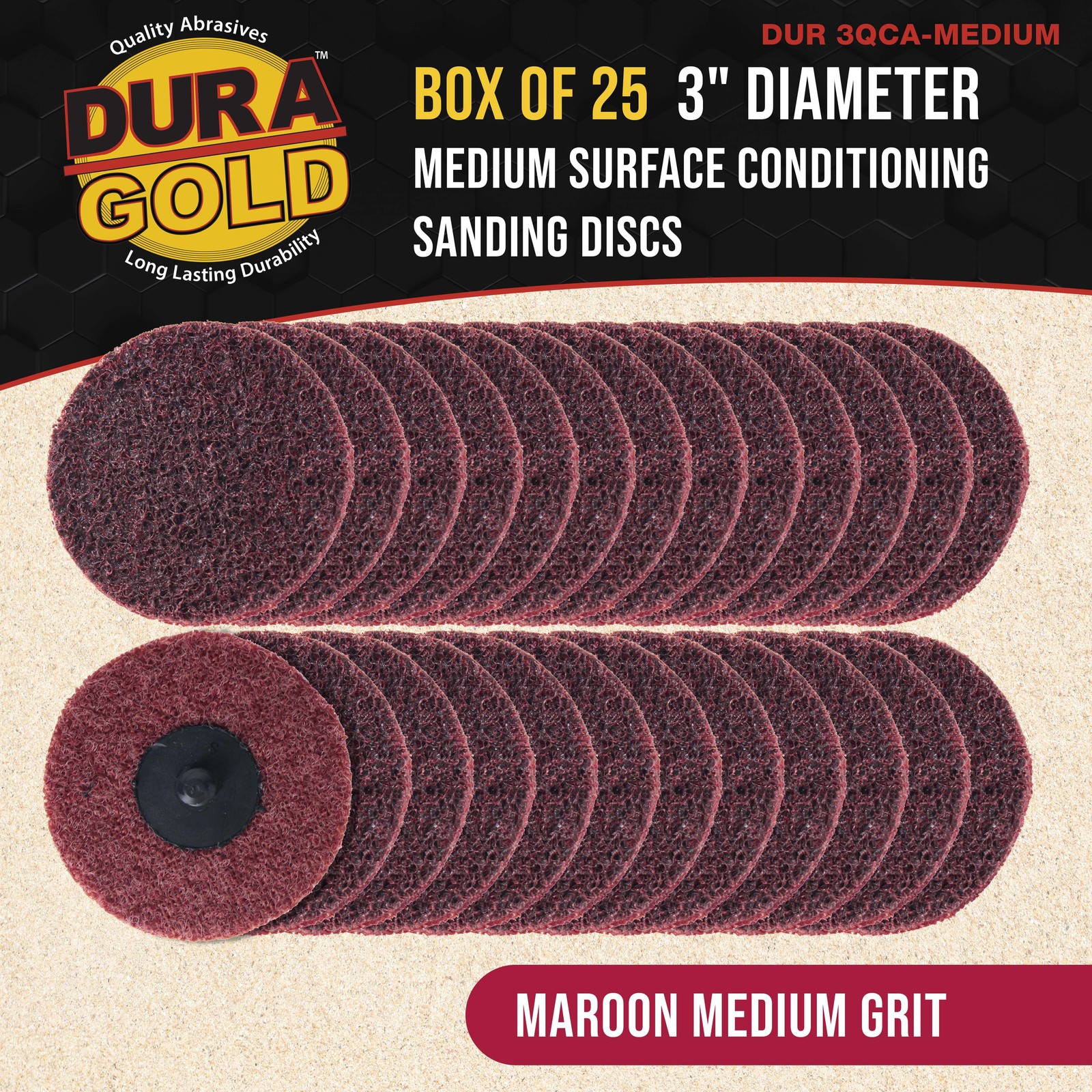 Dura-Gold 3″ Surface Conditioning Discs Maroon Medium Sanding Grit (Box of 25)