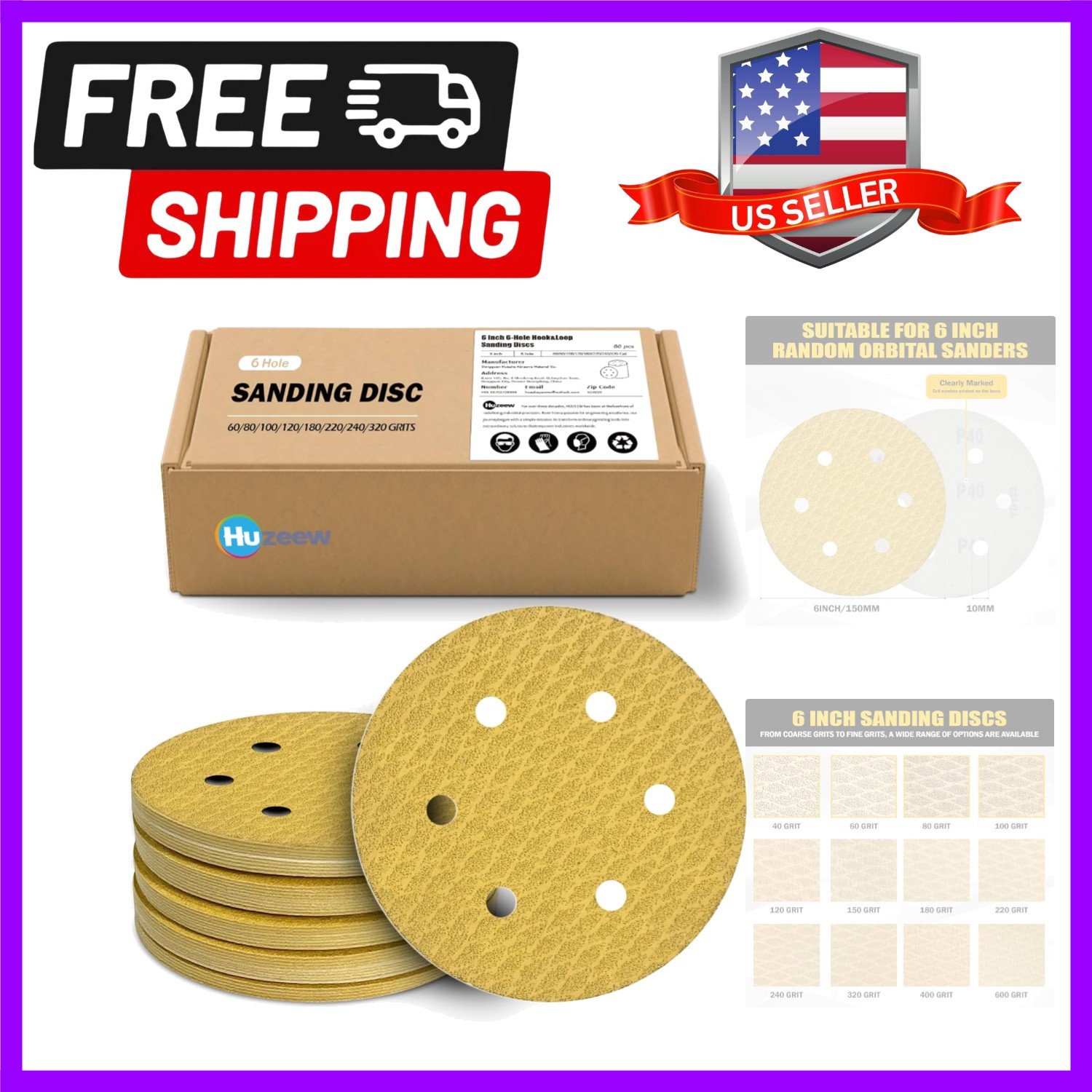 100Pcs 6 Inch 6-Hole Hook&Loop Sanding Discs, 180 Grit Diamond Yellow Sand, D…