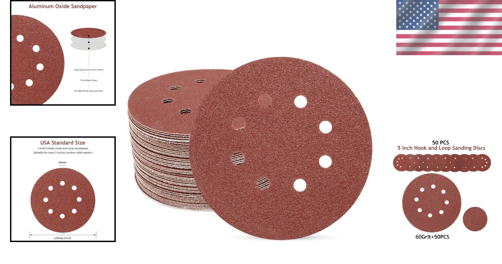 50 Count 5 Inch 60 Grit Hook and Loop Sanding Discs – Clog-Resistant & Durable