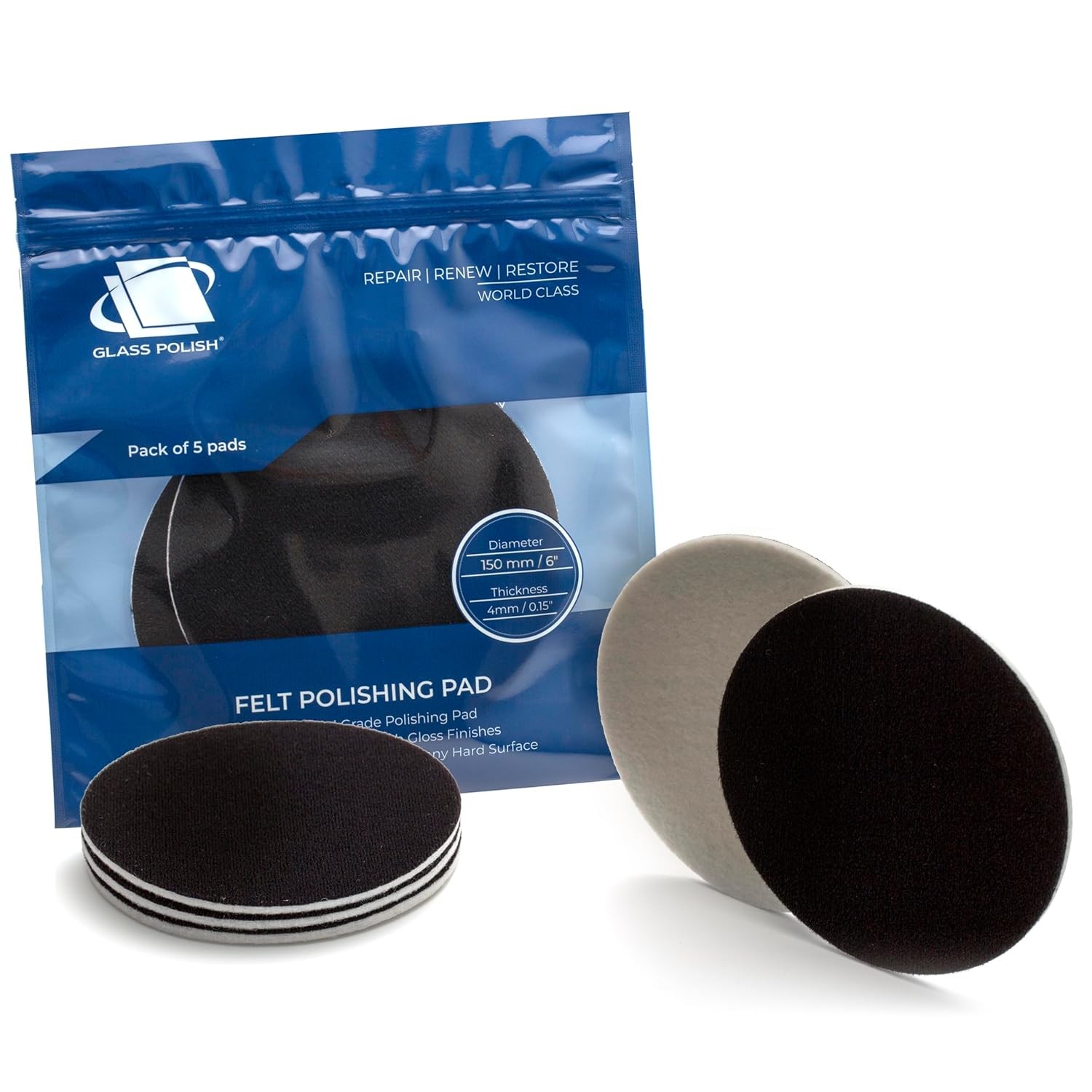 Glass Polish 6 inch (150mm) Pack of 5 Felt Polishing Pads for Polishing Glass