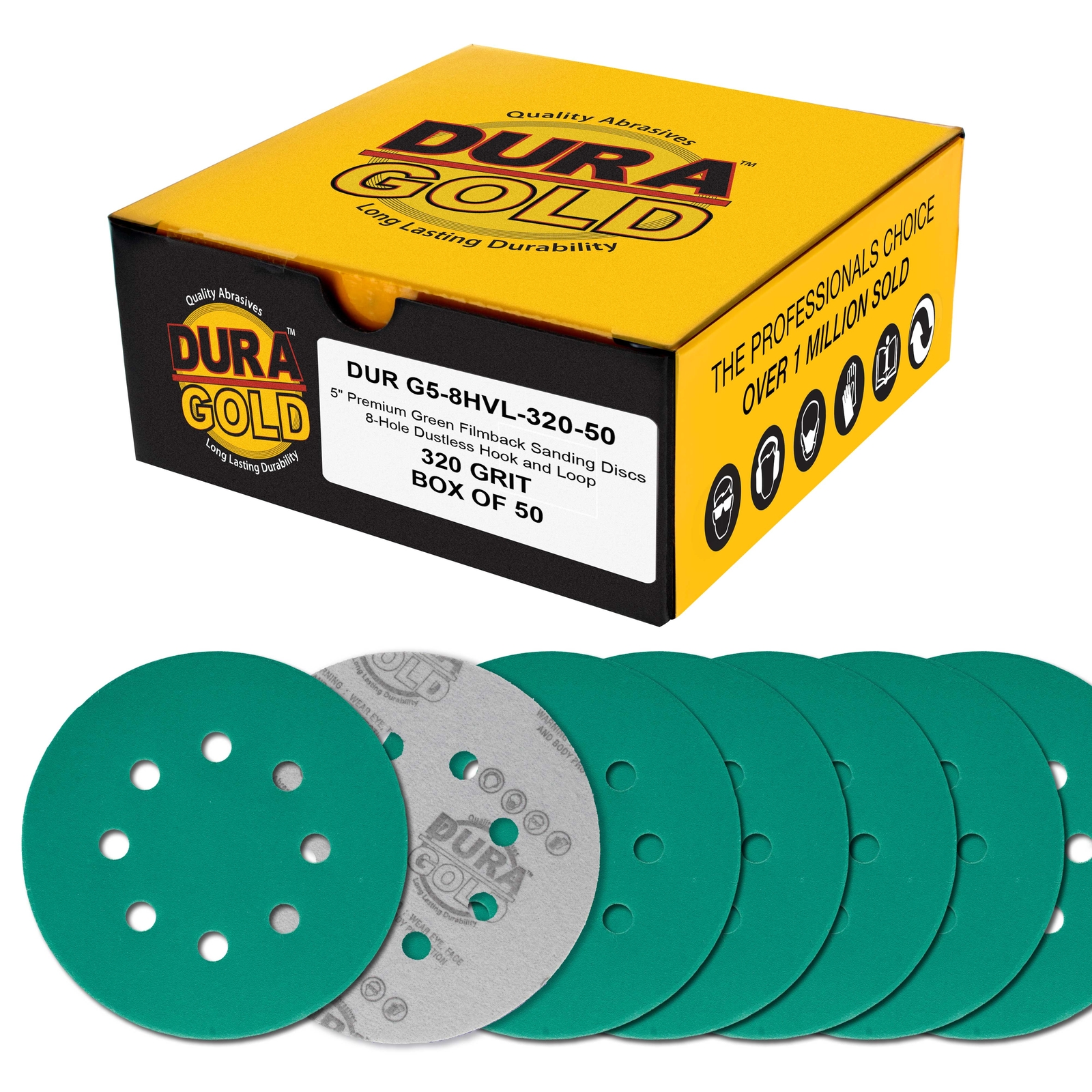 320 Grit 5″ Green Sanding Discs, 8-Hole, Box of 50 – Hook & Loop Sandpaper