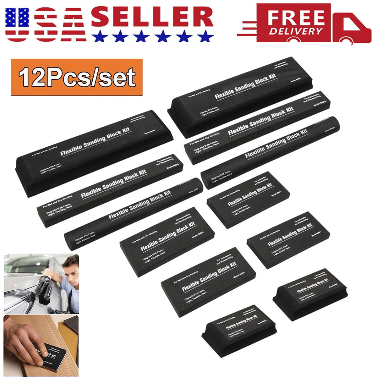 12PCS Sanding Block Kit Flexible EVA Foam Wet or Dry for Automotive or Woodwork