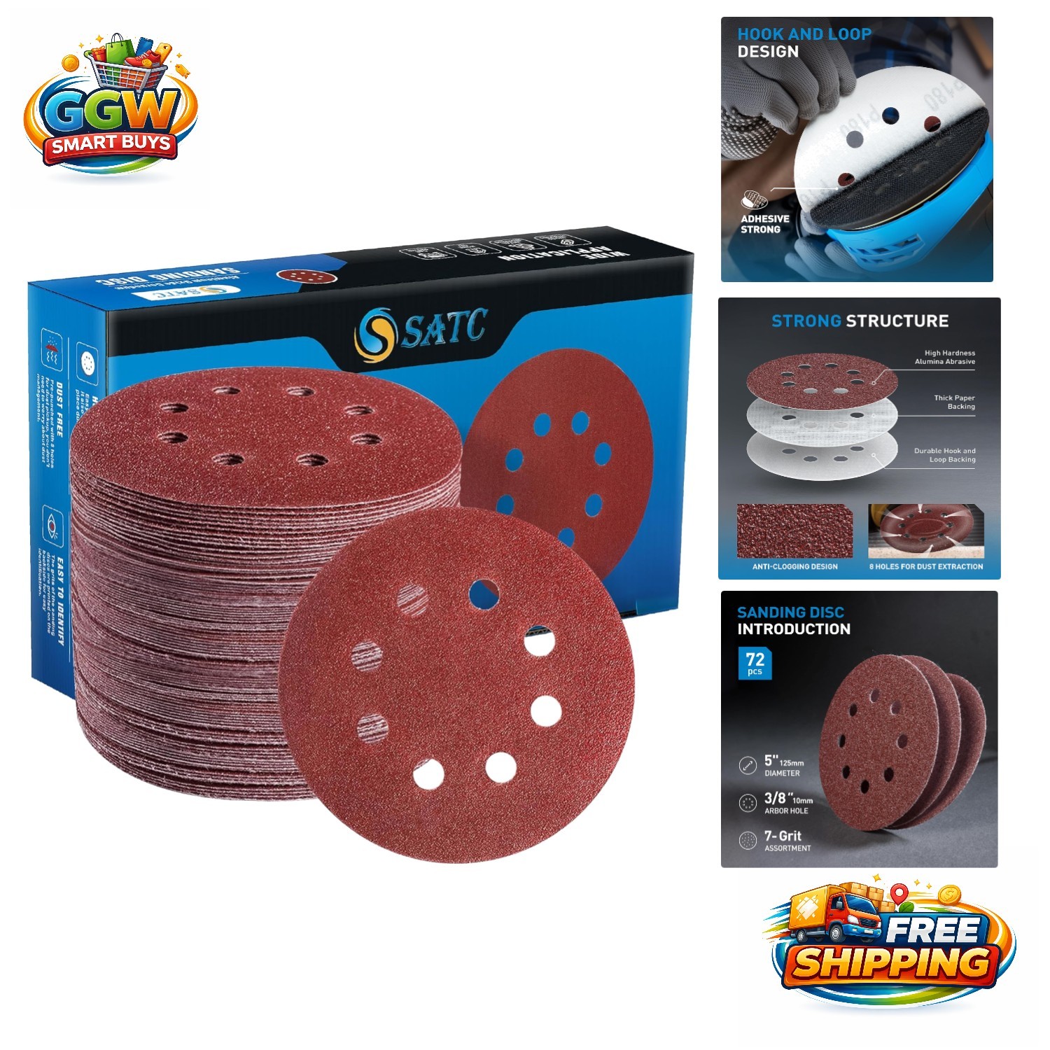 72 Count 5 Inch Hook & Loop Sanding Discs – Durable Sandpaper for Wood & Metal