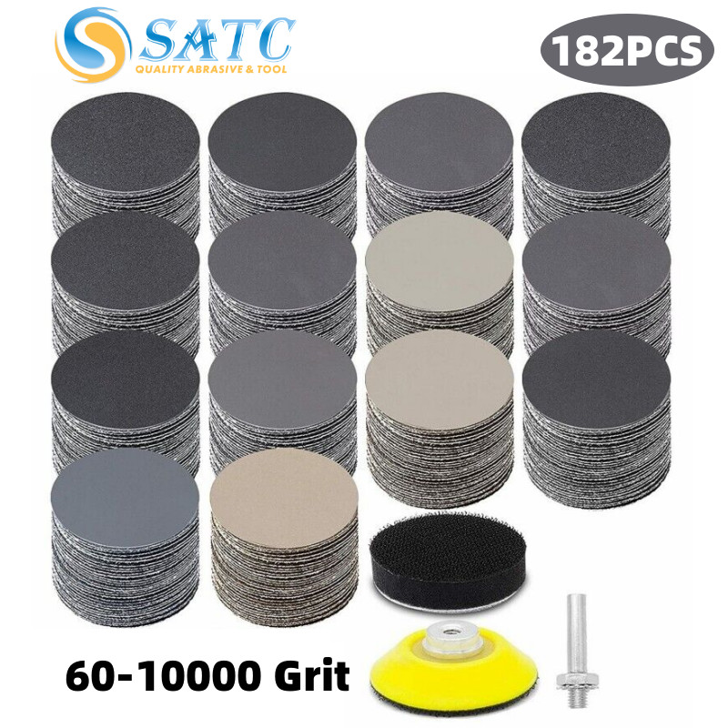182x 2inch Wet Dry Sandpaper Pad Hook Loop Sanding Discs 60-10000 Grit for Drill
