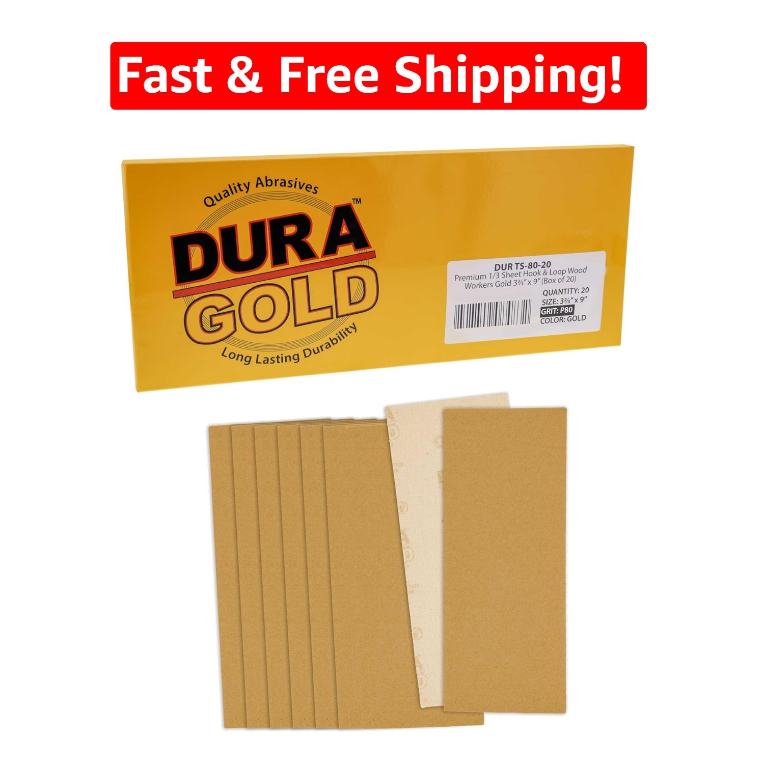 Dura-Gold 80 Grit 1/3 Sheet Gold Sandpaper—Box of 20 for Ultimate Performance