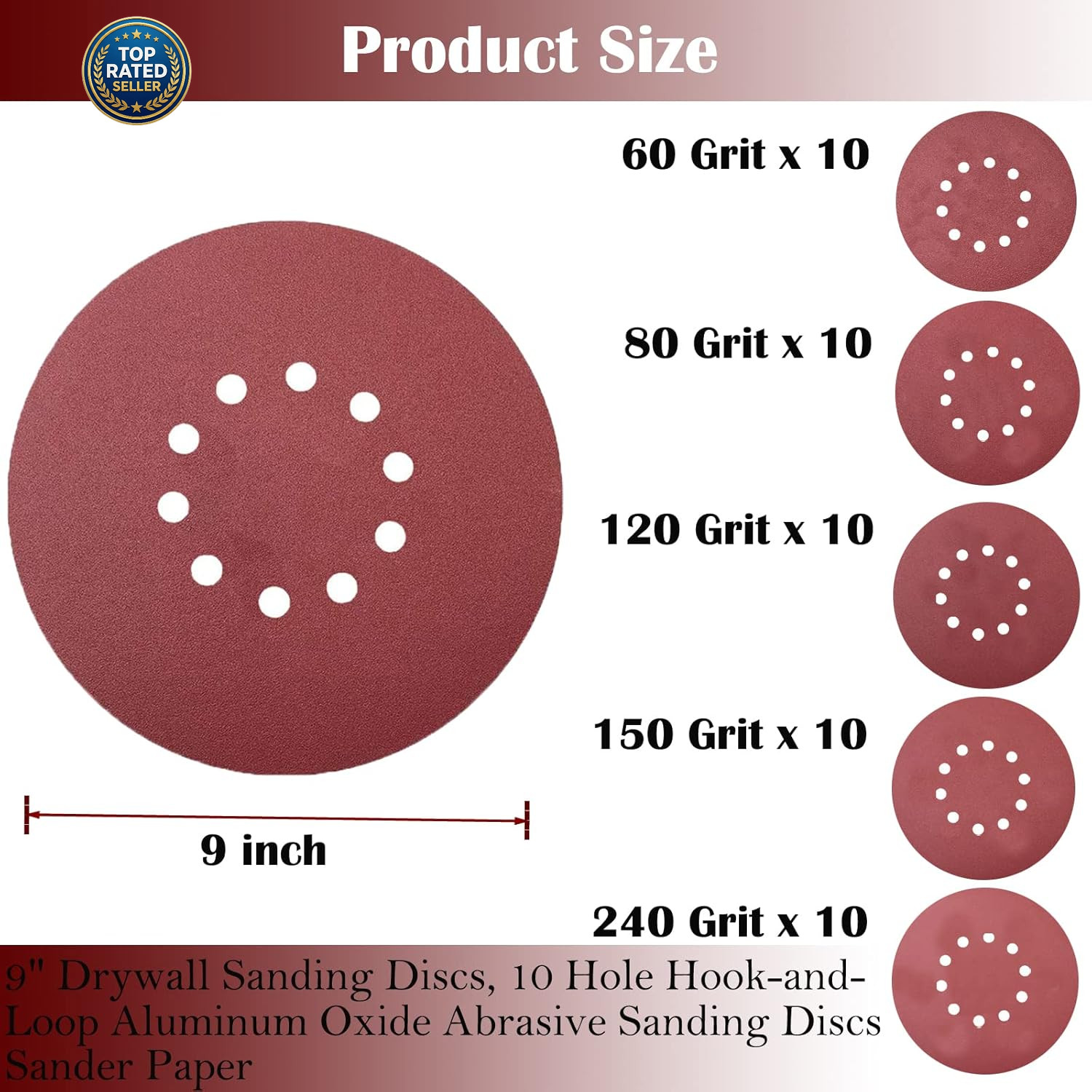 50 PCS 9-Inch 10-Hole Hook-And-Loop Sanding Discs for Drywall Sander -10 Pack Ea
