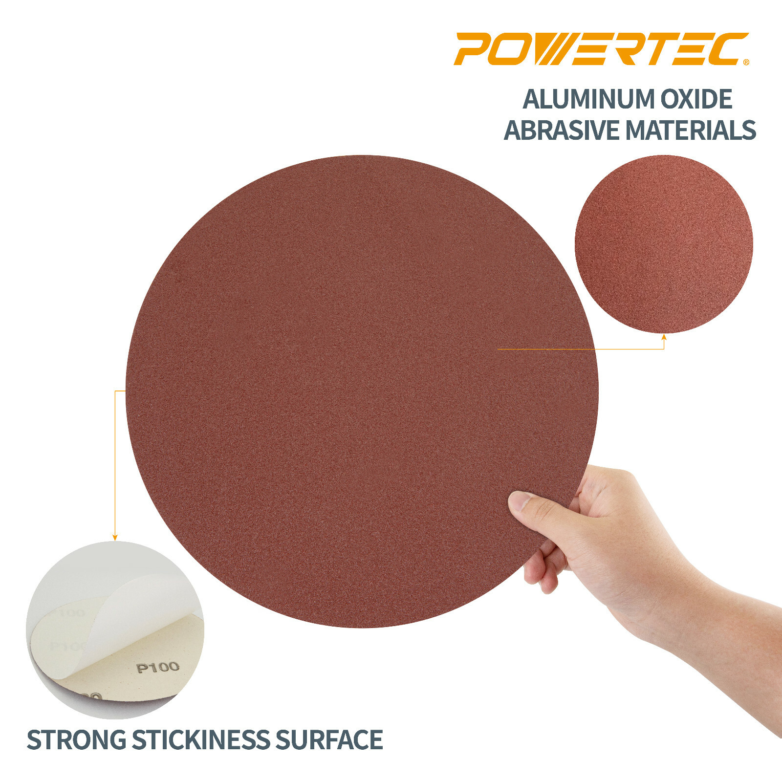 POWERTEC 12″ PSA 60 Grit Aluminum Oxide Adhesive Sanding Disc, 10pcs (110380)