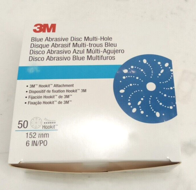 3M 36182 Blue Abrasive Disc Multi-Hole Hookit Attachment 6″ Rounds 500 Grit 50pk